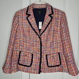 Talbots Pink Tweed Blazer 14P Petite Navy Blue Trim Gold Buttons Pockets New